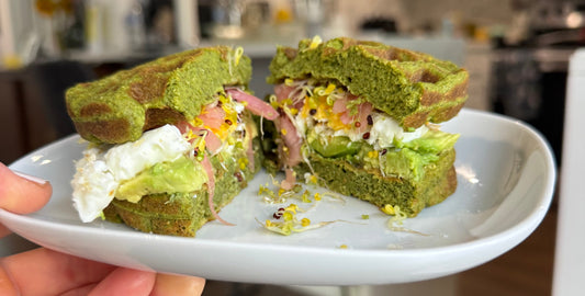 Chickpea Waffles with added greens, breakfast sandwich