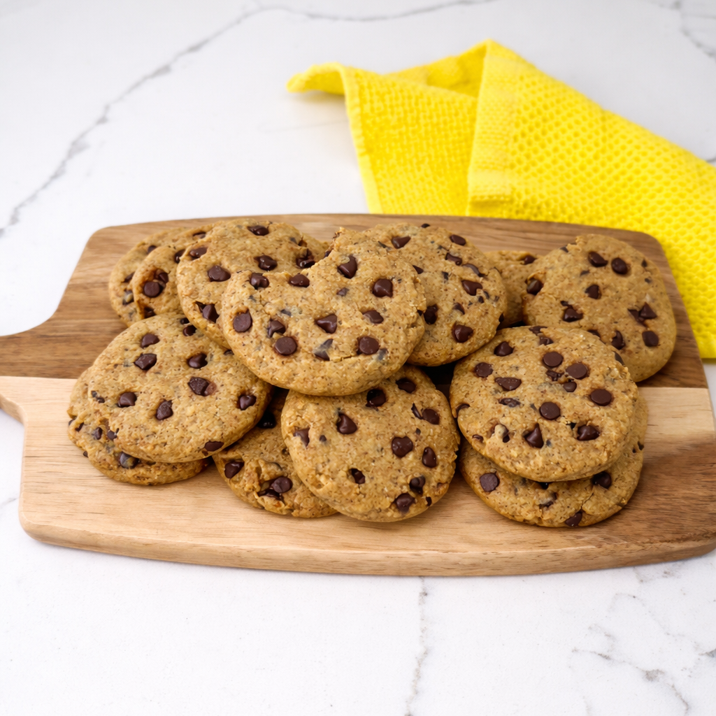 Stack of chocolate chip cookies on a wooden board with a yellow towel in the background.