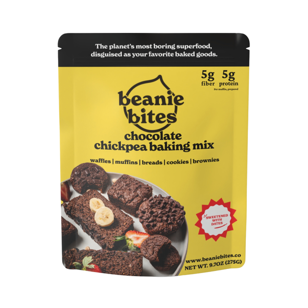 Beanie Bites chocolate chickpea baking mix packaging on a white background